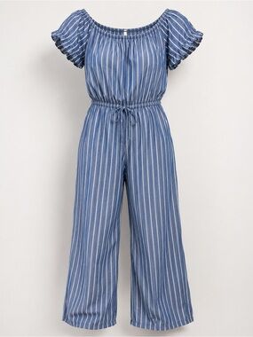 Blush Blue & White Striped Off-the-Shoulder Wide Leg Jumpsuit 3X